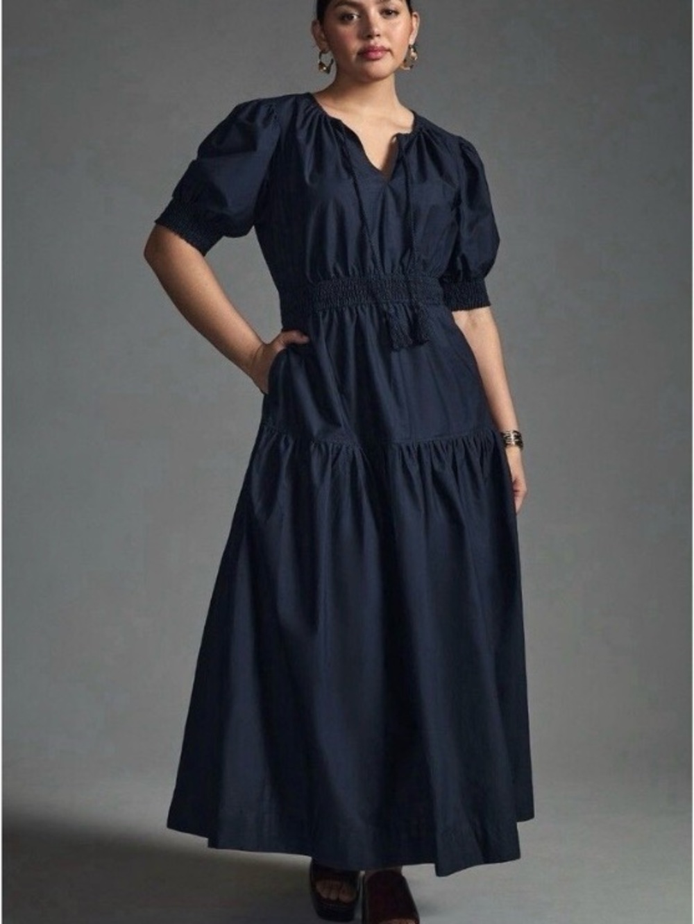 Moon River Navy Puff-Sleeve Maxi Dress